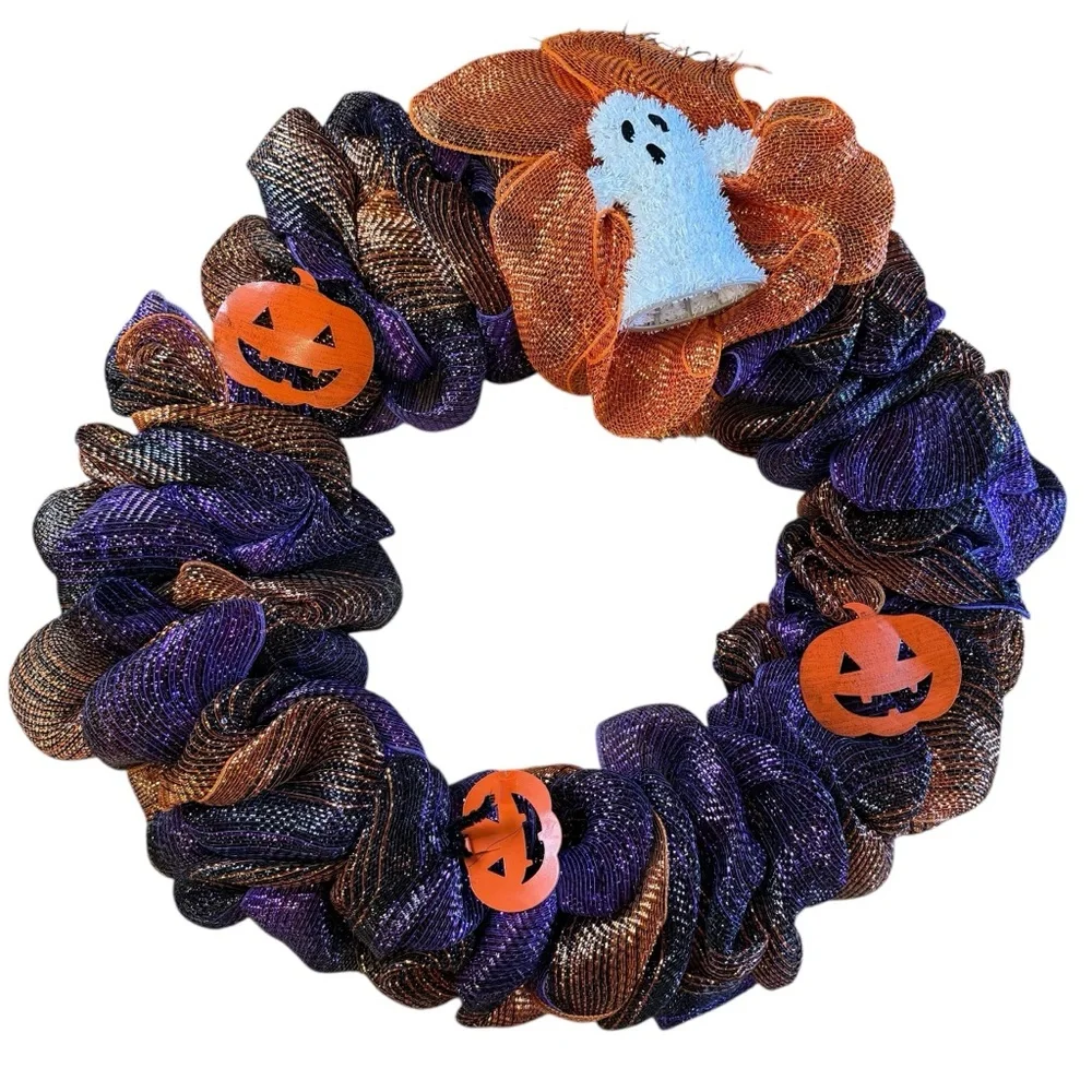Ghost & Pumpkins Vibrant Purple & Orange Halloween Deco Mesh Wreath – 25″